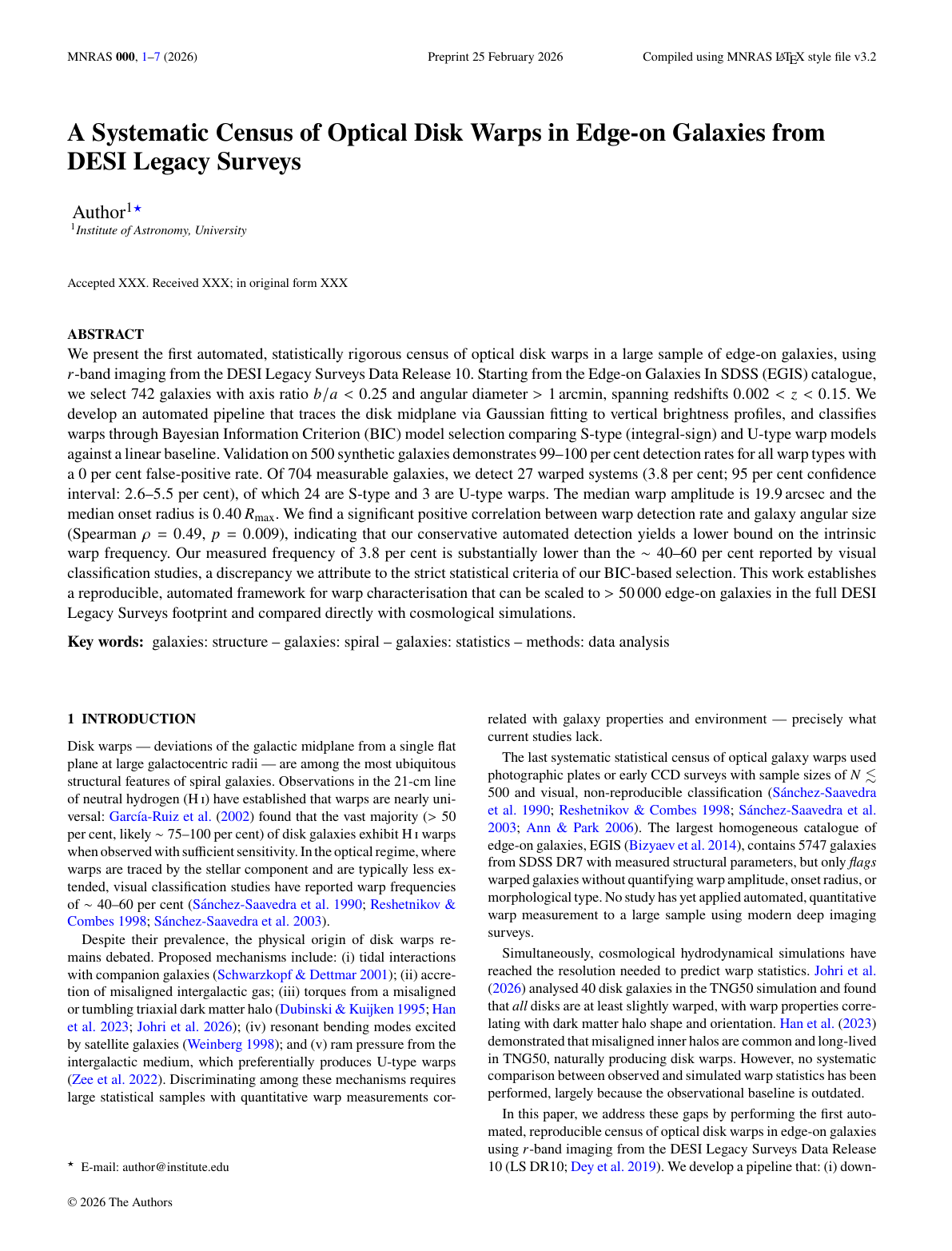 First page of Automated Census of Optical Disk Warps in Edge-on Galaxies from DESI Legacy Surveys