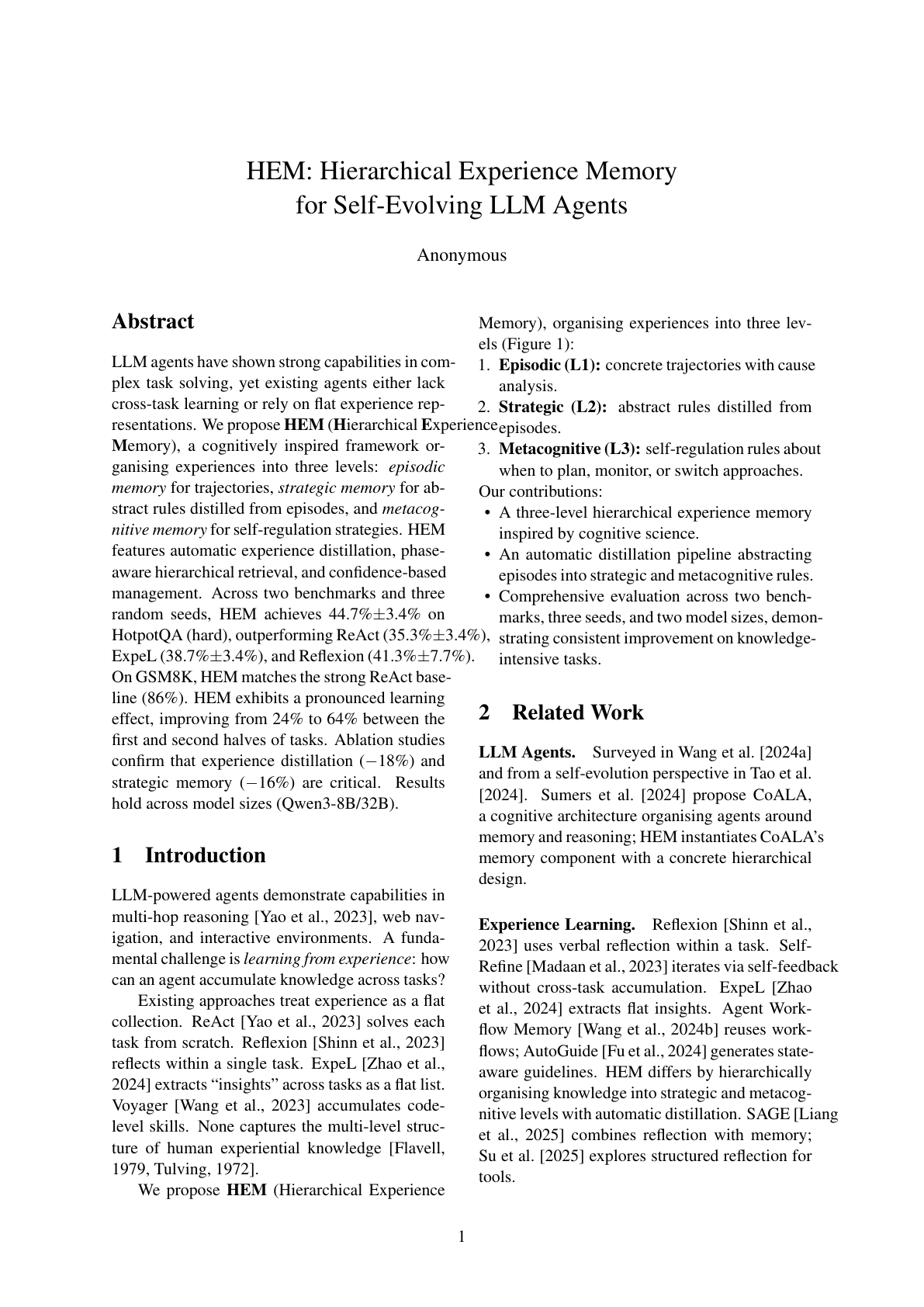 First page of HEM: Hierarchical Experience Memory for Self-Evolving LLM Agents