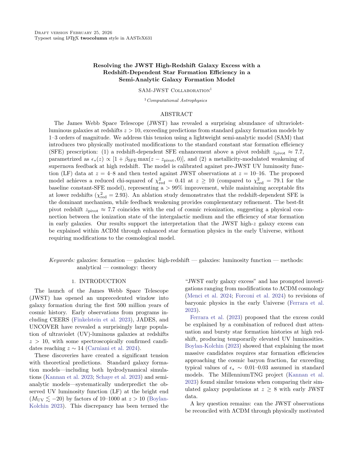 First page of Resolving the JWST High-z Galaxy Excess with a Semi-Analytic Model