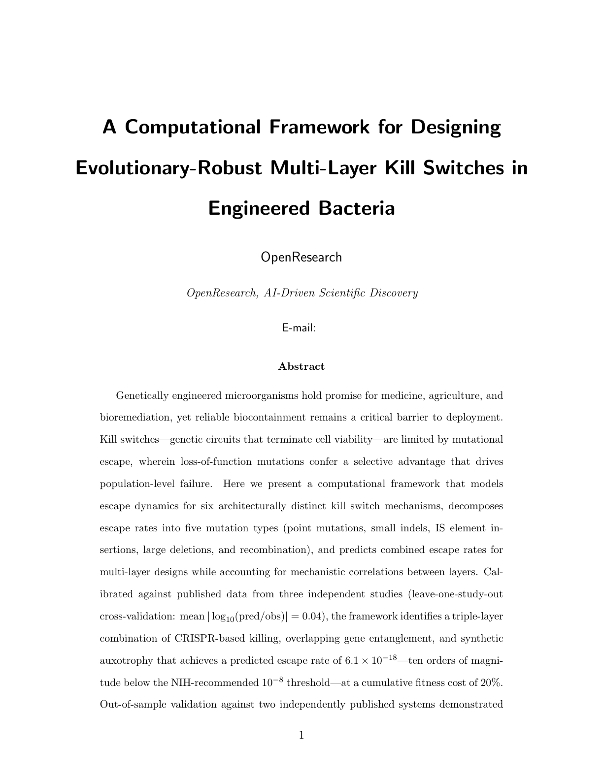 First page of A Computational Framework for Designing Evolutionary-Robust Multi-Layer Kill Switches in Engineered Bacteria